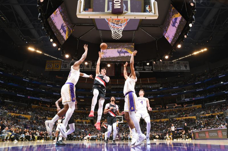 LOS ANGELES, CA - DECEMBER 8: Deni Avdija #8 of the Portland Trail Blazers drives to the basket during the game against the Los Angeles Lakers on December 8, 2024 at Crypto.Com Arena in Los Angeles, California. NOTE TO USER: User expressly acknowledges and agrees that, by downloading and/or using this Photograph, user is consenting to the terms and conditions of the Getty Images License Agreement. Mandatory Copyright Notice: Copyright 2024 NBAE (Photo by Adam Pantozzi/NBAE via Getty Images)