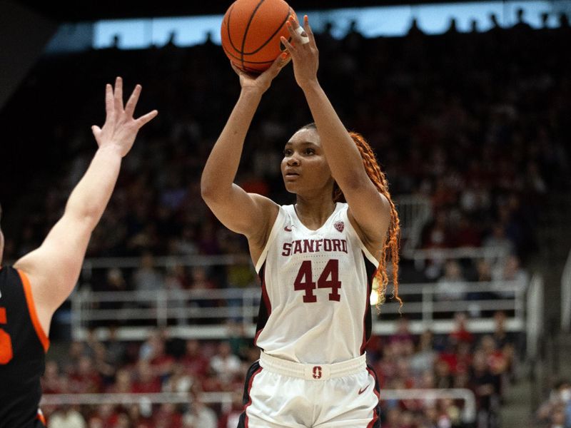 Jan 21, 2024; Stanford, California, USA; Stanford Cardinal forward Kiki Iriafen (44) shoots over Oregon State Beavers forward Raegan Beers (15) during the fourth quarter at Maples Pavilion. Mandatory Credit: D. Ross Cameron-USA TODAY Sports