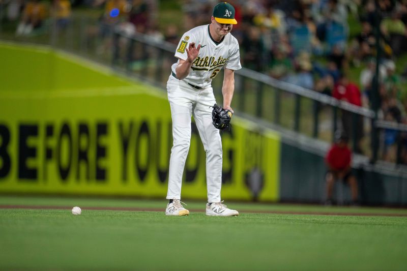 May 6, 2025; West Sacramento, California, USA;   Athletics pitcher Noah Murdock (58) reacts after mis-playing the ground ball against the Seattle Mariners during the sixth inning at Sutter Health Park. Mandatory Credit: Neville E. Guard-Imagn Images