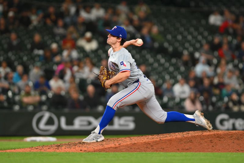 Sep 12, 2024; Seattle, Washington, USA; Texas Rangers relief pitcher Matt Festa (63) pitches to Seattle Mariners during the seventh inning at T-Mobile Park. Mandatory Credit: Steven Bisig-Imagn Images