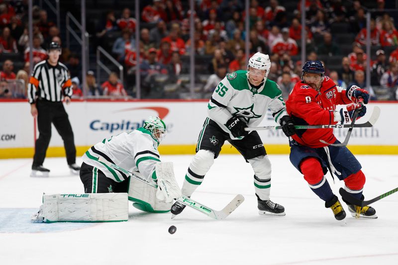 Oct 17, 2024; Washington, District of Columbia, USA; Washington Capitals left wing Alex Ovechkin (8) and Dallas Stars defenseman Thomas Harley (55) battle for the puck in front of Stars goaltender Casey DeSmith (1) in the third period at Capital One Arena. Mandatory Credit: Geoff Burke-Imagn Images