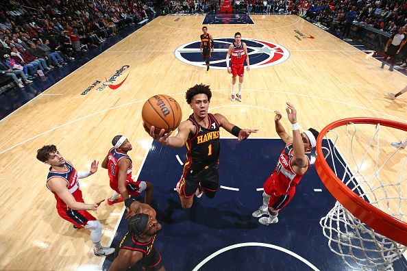 WASHINGTON, DC -? DECEMBER 31: Jalen Johnson #1 of the Atlanta Hawks shoots the ball during the game against the Washington Wizards on December 31, 2023 at Capital One Arena in Washington, DC. NOTE TO USER: User expressly acknowledges and agrees that, by downloading and or using this Photograph, user is consenting to the terms and conditions of the Getty Images License Agreement. Mandatory Copyright Notice: Copyright 2023 NBAE (Photo by Stephen Gosling/NBAE via Getty Images)