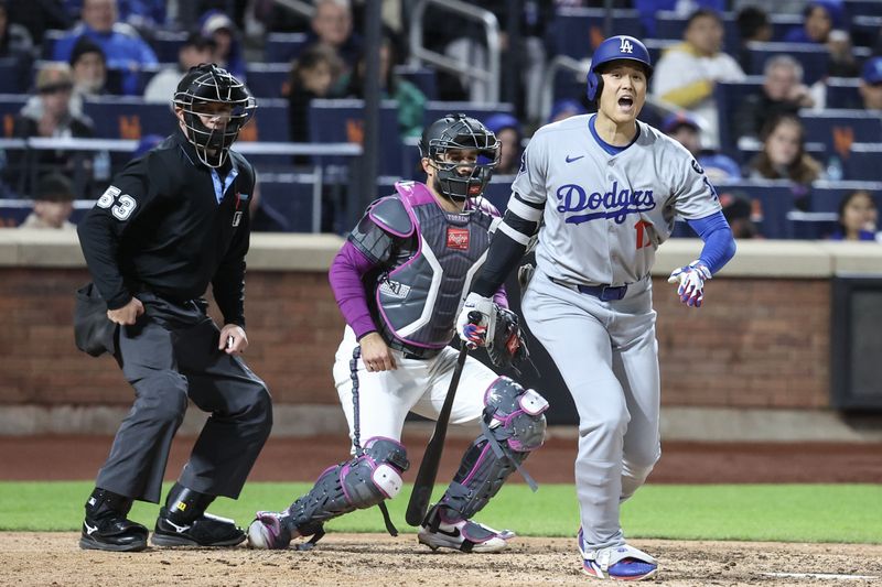 May 24, 2025; New York City, New York, USA;  Los Angeles Dodgers designated hitter Shohei Ohtani (17) reacts during an at bat in the eighth inning against the New York Mets at Citi Field. Mandatory Credit: Wendell Cruz-Imagn Images