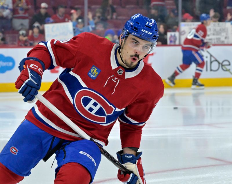 Oct 9, 2024; Montreal, Quebec, CAN; Montreal Canadiens defenseman Arber Xhekaj (72) skates during the warmup period before the game against the Toronto Maple Leafs at the Bell Centre. Mandatory Credit: Eric Bolte-Imagn Images