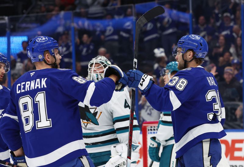 Dec 5, 2024; Tampa, Florida, USA; Tampa Bay Lightning left wing Brandon Hagel (38) is congratulated by defenseman Erik Cernak (81) after he scored a goal against the San Jose Sharks during the first period at Amalie Arena. Mandatory Credit: Kim Klement Neitzel-Imagn Images