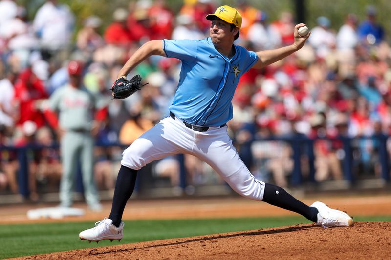 Mar 7, 2024; Port Charlotte, Florida, USA;  Tampa Bay Rays starting pitcher Jacob Lopez (74) throws a pitch against the Philadelphia Phillies in the second inning at Charlotte Sports Park. Mandatory Credit: Nathan Ray Seebeck-USA TODAY Sports