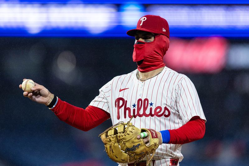 Apr 2, 2024; Philadelphia, Pennsylvania, USA; Philadelphia Phillies first baseman Bryce Harper (3) during the third inning against the Cincinnati Reds at Citizens Bank Park. Mandatory Credit: Bill Streicher-USA TODAY Sports