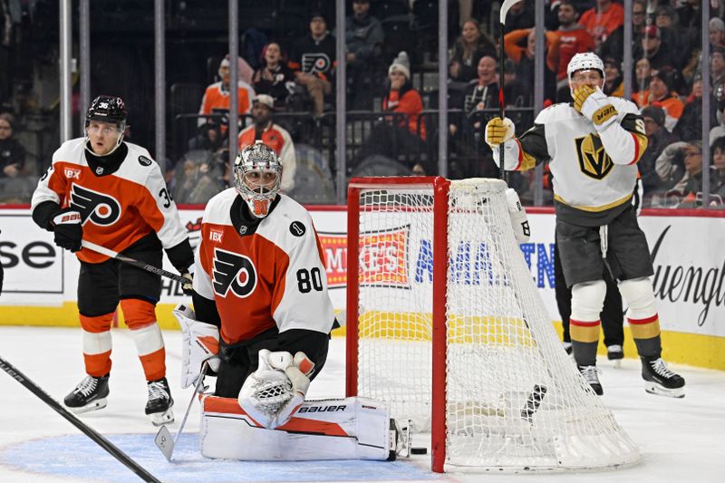 Dec 11, 2025; Philadelphia, Pennsylvania, USA; Philadelphia Flyers goaltender Dan Vladar (80) reacts after allowing goal against the Vegas Golden Knights during the overtime period at Xfinity Mobile Arena. Mandatory Credit: Eric Hartline-Imagn Images