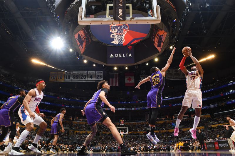 LOS ANGELES, CA - MARCH 22: Buddy Heild #17 of the Philadelphia 76ers shoots the ball during the game against the Los Angeles Lakers on March 22, 2024 at Crypto.Com Arena in Los Angeles, California. NOTE TO USER: User expressly acknowledges and agrees that, by downloading and/or using this Photograph, user is consenting to the terms and conditions of the Getty Images License Agreement. Mandatory Copyright Notice: Copyright 2024 NBAE (Photo by Adam Pantozzi/NBAE via Getty Images)