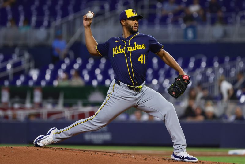 May 20, 2024; Miami, Florida, USA; Milwaukee Brewers starting pitcher Joe Ross (41) delivers a pitch against the Miami Marlins during the first inning at loanDepot Park. Mandatory Credit: Sam Navarro-USA TODAY Sports