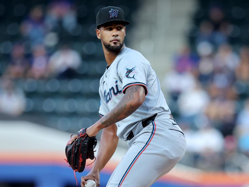 Jun 13, 2024; New York City, New York, USA; Miami Marlins starting pitcher Roddery Munoz (71) pitches against the New York Mets during the second inning at Citi Field. Mandatory Credit: Brad Penner-USA TODAY Sports