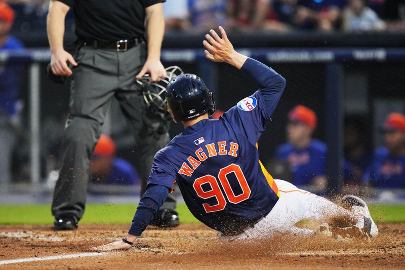 Mar 16, 2024; West Palm Beach, Florida, USA;  Houston Astros Will Wagner (90) scores on a sacrifice fly in the fifth inning against the New York Mets at CACTI Park of the Palm Beaches. Mandatory Credit: Jim Rassol-USA TODAY Sports