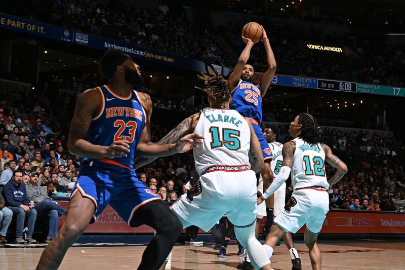 MEMPHIS, TN - FEBRUARY 28:  Mikal Bridges #25 of the New York Knicks shoots the ball during the game against the Memphis Grizzlies on February  28, 2025 at FedExForum in Memphis, Tennessee. NOTE TO USER: User expressly acknowledges and agrees that, by downloading and or using this photograph, User is consenting to the terms and conditions of the Getty Images License Agreement. Mandatory Copyright Notice: Copyright 2025 NBAE (Photo by Grant Burke/NBAE via Getty Images)