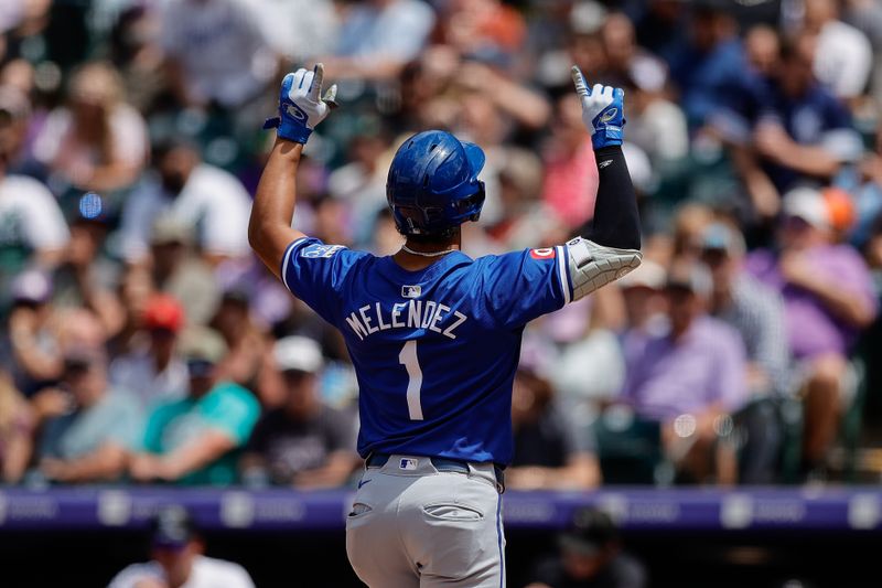 Jul 7, 2024; Denver, Colorado, USA; Kansas City Royals left fielder MJ Melendez (1) celebrates on a solo home run in the seventh inning against the Colorado Rockies at Coors Field. Mandatory Credit: Isaiah J. Downing-USA TODAY Sports