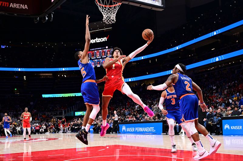 ATLANTA, GA - November 6:  Jalen Johnson #1 of the Atlanta Hawks shoots the ball during the game against the New York Knicks on November 6, 2024 at State Farm Arena in Atlanta, Georgia.  NOTE TO USER: User expressly acknowledges and agrees that, by downloading and/or using this Photograph, user is consenting to the terms and conditions of the Getty Images License Agreement. Mandatory Copyright Notice: Copyright 2024 NBAE (Photo by Adam Hagy/NBAE via Getty Images)