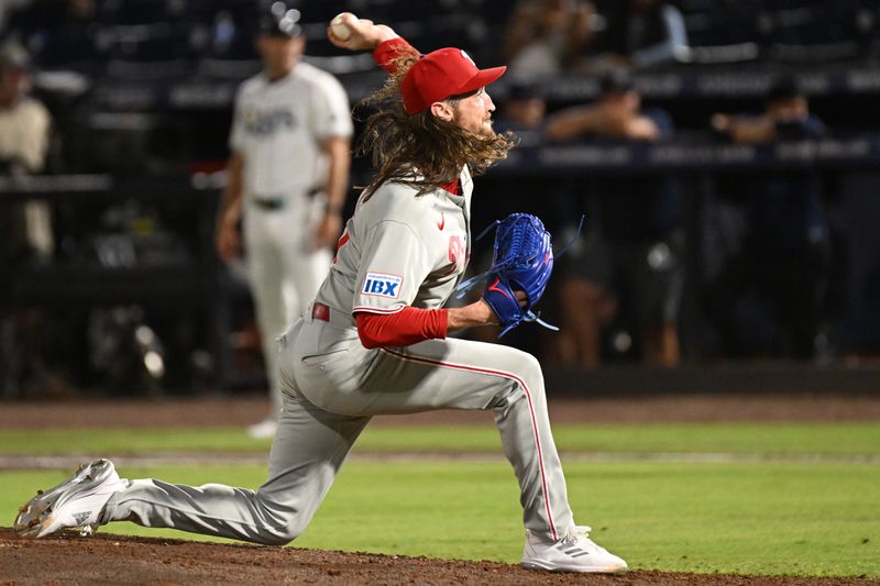 May 8, 2025; St. Petersburg, Florida, USA;  Philadelphia Phillies relief pitcher Matt Strahm (25) throws a pitch in the tenth inning against the Tampa Bay Rays at George M. Steinbrenner Field. Mandatory Credit: Jonathan Dyer-Imagn Images