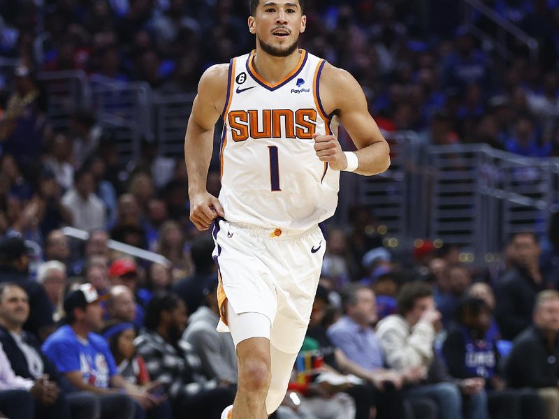 LOS ANGELES, CALIFORNIA - APRIL 20:   Devin Booker #1 of the Phoenix Suns in the second half of Game Three of the Western Conference First Round Playoffs at Crypto.com Arena on April 20, 2023 in Los Angeles, California.  NOTE TO USER: User expressly acknowledges and agrees that, by downloading and/or using this photograph, user is consenting to the terms and conditions of the Getty Images License Agreement.  (Photo by Ronald Martinez/Getty Images)