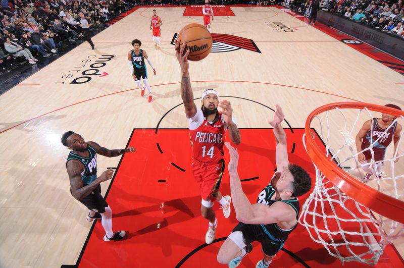 PORTLAND, OR - MARCH 27: Brandon Ingram #14 of the New Orleans Pelicans shoots the ball during the game against the Portland Trail Blazers on March 27, 2023 at the Moda Center Arena in Portland, Oregon. NOTE TO USER: User expressly acknowledges and agrees that, by downloading and or using this photograph, user is consenting to the terms and conditions of the Getty Images License Agreement. Mandatory Copyright Notice: Copyright 2023 NBAE (Photo by Sam Forencich/NBAE via Getty Images)