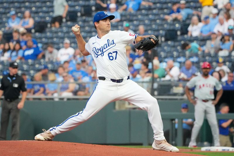 Aug 19, 2024; Kansas City, Missouri, USA; Kansas City Royals starting pitcher Seth Lugo (67) delivers a pitch against the Los Angeles Angels in the first inning at Kauffman Stadium. Mandatory Credit: Denny Medley-USA TODAY Sports