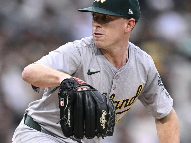 Jun 11, 2024; San Diego, California, USA; Oakland Athletics starting pitcher JP Sears (38) pitches against the San Diego Padres during the first inning at Petco Park. Mandatory Credit: Orlando Ramirez-USA TODAY Sports