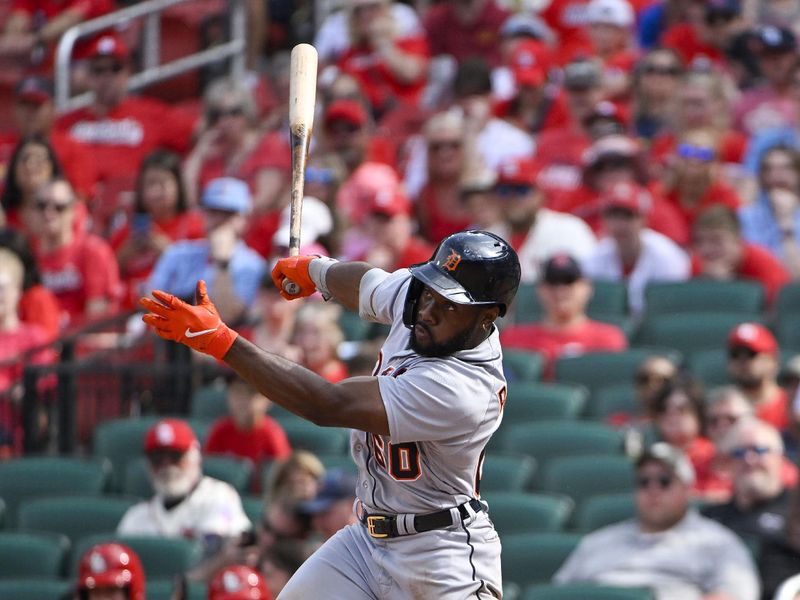 May 6, 2023; St. Louis, Missouri, USA;  Detroit Tigers left fielder Akil Baddoo (60) hits a go-ahead one run double against the St. Louis Cardinals during the tenth inning at Busch Stadium. Mandatory Credit: Jeff Curry-USA TODAY Sports