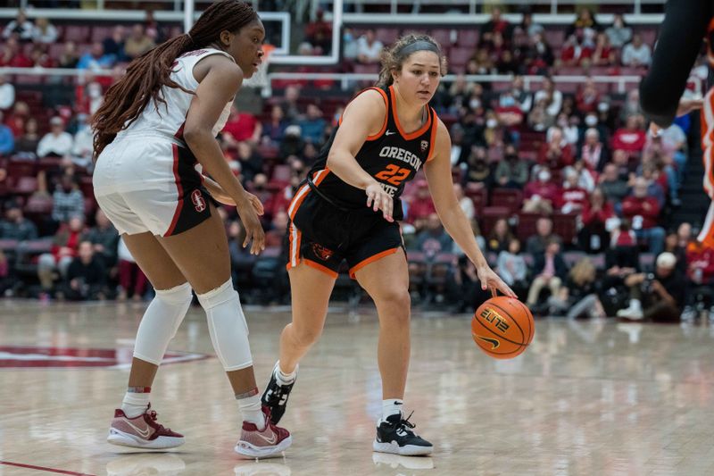 Jan 27, 2023; Stanford, California, USA; Oregon State Beavers guard Talia von Oelhoffen (22) dribbles the basketball against Stanford Cardinal guard Agnes Emma-Nnopu (2) during the fourth quarter at Maples Pavilion. Mandatory Credit: Neville E. Guard-USA TODAY Sports