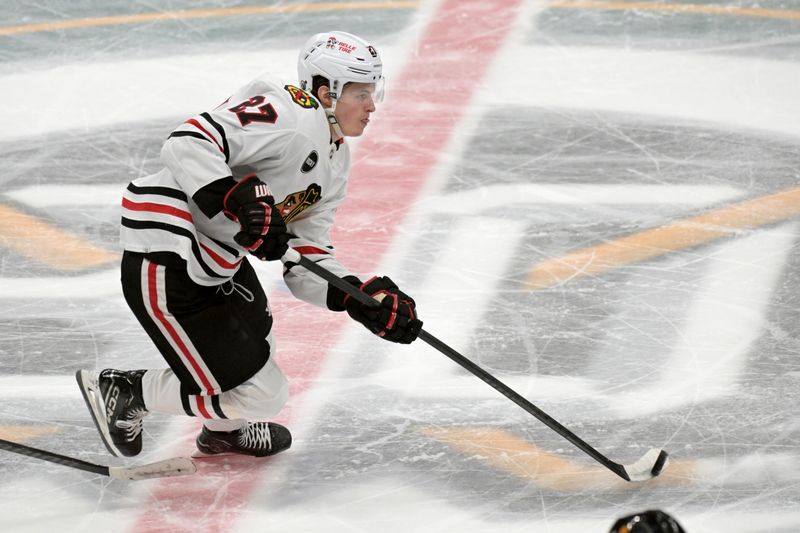 Mar 21, 2024; Anaheim, California, USA;  Chicago Blackhawks left wing Lukas Reichel (27) handles the puck in the second period against the Anaheim Ducks at Honda Center. Mandatory Credit: Jayne Kamin-Oncea-USA TODAY Sports