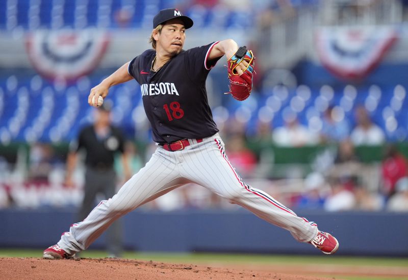 Apr 4, 2023; Miami, Florida, USA;  Minnesota Twins starting pitcher Kenta Maeda (18) pitches against the Miami Marlins in the first inning at loanDepot Park. Mandatory Credit: Jim Rassol-USA TODAY Sports