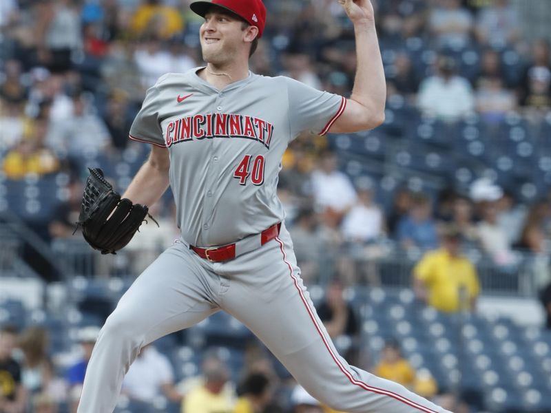 Jun 18, 2024; Pittsburgh, Pennsylvania, USA;  Cincinnati Reds starting pitcher Nick Lodolo (40) delivers a pitch against the Pittsburgh Pirates during the first inning at PNC Park. Mandatory Credit: Charles LeClaire-USA TODAY Sports