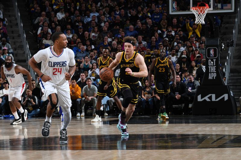 SAN FRANCISCO, CA - FEBRUARY 14: Brandin Podziemski #2 of the Golden State Warriors dribbles the ball during the game against the LA Clippers on FEBRUARY 14, 2024 at Chase Center in San Francisco, California. NOTE TO USER: User expressly acknowledges and agrees that, by downloading and or using this photograph, user is consenting to the terms and conditions of Getty Images License Agreement. Mandatory Copyright Notice: Copyright 2024 NBAE (Photo by Noah Graham/NBAE via Getty Images)