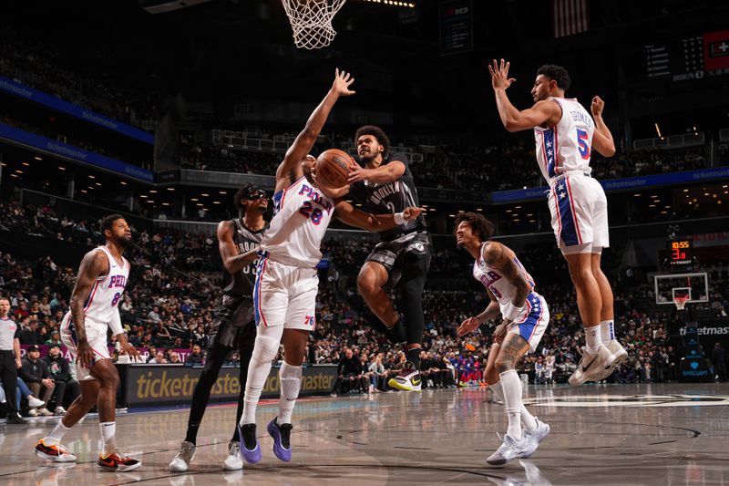 BROOKLYN, NY - FEBRUARY 12: Cameron Johnson #2 of the Brooklyn Nets drives to the basket during the game against the Philadelphia 76ers  on February 12, 2025 at Barclays Center in Brooklyn, New York. NOTE TO USER: User expressly acknowledges and agrees that, by downloading and or using this Photograph, user is consenting to the terms and conditions of the Getty Images License Agreement. Mandatory Copyright Notice: Copyright 2025 NBAE (Photo by Jesse D. Garrabrant/NBAE via Getty Images)