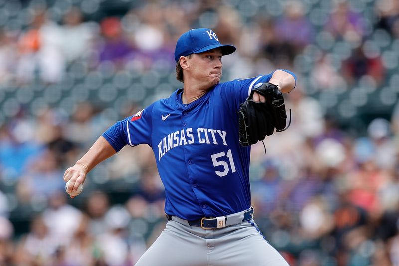 Jul 7, 2024; Denver, Colorado, USA; Kansas City Royals starting pitcher Brady Singer (51) pitches in the first inning against the Colorado Rockies at Coors Field. Mandatory Credit: Isaiah J. Downing-USA TODAY Sports