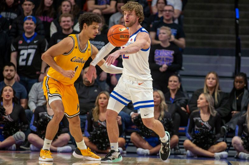 Feb 11, 2023; Boise, Idaho, USA; Boise State Broncos guard Max Rice (12) passes during the first half against the Wyoming Cowboys at ExtraMile Arena. Mandatory Credit: Brian Losness-USA TODAY Sports