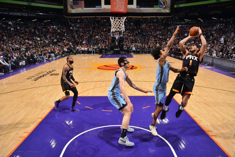 PHOENIX, AZ - FEBRUARY 11:  Devin Booker #1 of the Phoenix Suns shoots the ball during the game against the Memphis Grizzlies on February 11, 2025 at Footprint Center in Phoenix, Arizona. NOTE TO USER: User expressly acknowledges and agrees that, by downloading and or using this photograph, user is consenting to the terms and conditions of the Getty Images License Agreement. Mandatory Copyright Notice: Copyright 2025 NBAE (Photo by Barry Gossage/NBAE via Getty Images)