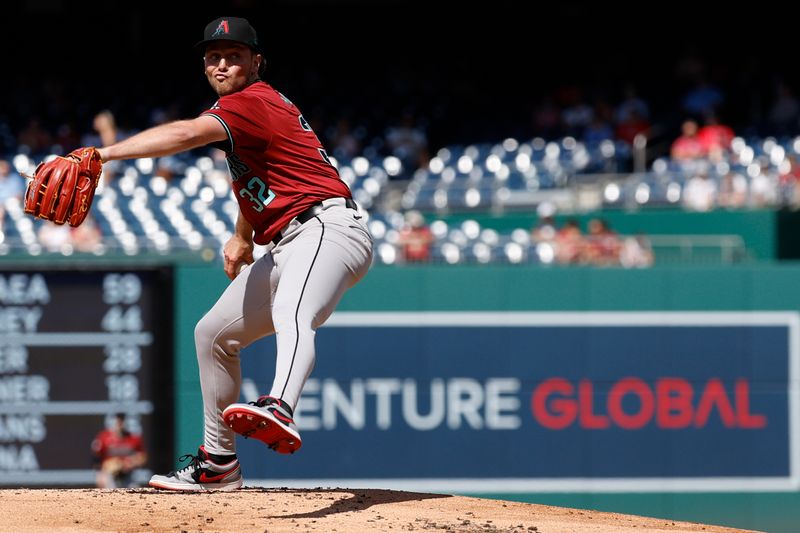 Jun 19, 2024; Washington, District of Columbia, USA; Arizona Diamondbacks starting pitcher Brandon Pfaadt (32) pitches against the Washington Nationals during the first inning at Nationals Park. Mandatory Credit: Geoff Burke-USA TODAY Sports