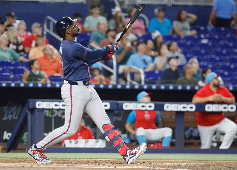 Sep 21, 2024; Miami, Florida, USA; Atlanta Braves right fielder Jorge Soler (2) watches his home run against the Miami Marlins in the second inning at loanDepot Park. Mandatory Credit: Rhona Wise-Imagn Images