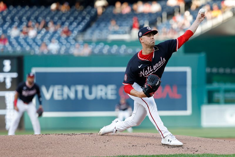 Apr 24, 2025; Washington, District of Columbia, USA; Washington Nationals starting pitcher MacKenzie Gore (1) pitches against the Baltimore Orioles during the first inning at Nationals Park. Mandatory Credit: Geoff Burke-Imagn Images