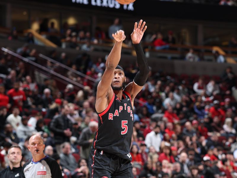 CHICAGO, IL - FEBRUARY 28:  Immanuel Quickley #5 of the Toronto Raptors shoots a three point basket during the game against the Chicago Bulls on February 28, 2025 at United Center in Chicago, Illinois. NOTE TO USER: User expressly acknowledges and agrees that, by downloading and or using this photograph, User is consenting to the terms and conditions of the Getty Images License Agreement. Mandatory Copyright Notice: Copyright 2025 NBAE (Photo by Jeff Haynes/NBAE via Getty Images)