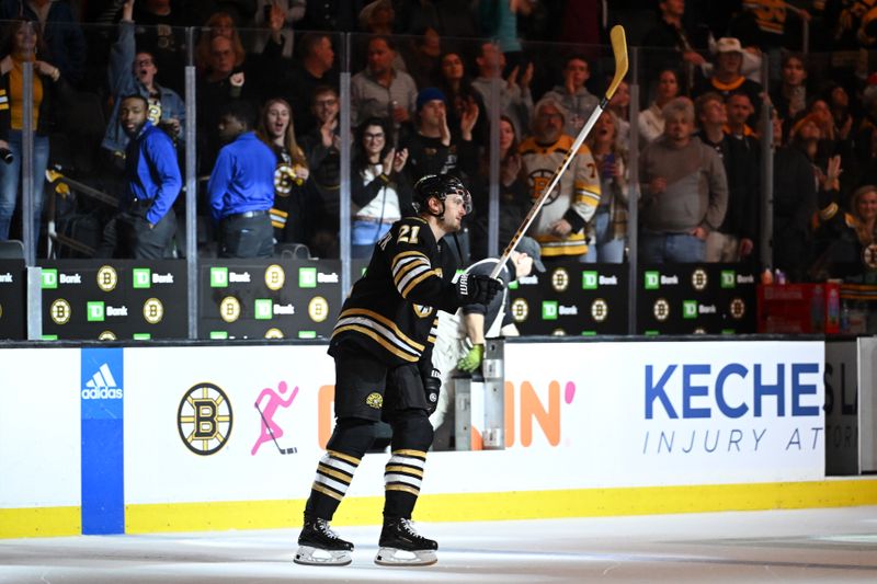 Oct 14, 2023; Boston, Massachusetts, USA; Boston Bruins left wing James van Riemsdyk (21) is introduced as one of the three stars of the game after a game against the Nashville Predators at the TD Garden. Mandatory Credit: Brian Fluharty-USA TODAY Sports