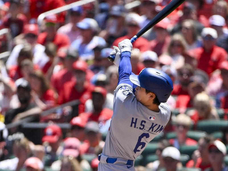 Jun 8, 2025; St. Louis, Missouri, USA;  Los Angeles Dodgers center fielder Hyeseong Kim (6) hits a two run triple against the St. Louis Cardinals during the second inning at Busch Stadium. Mandatory Credit: Jeff Curry-Imagn Images