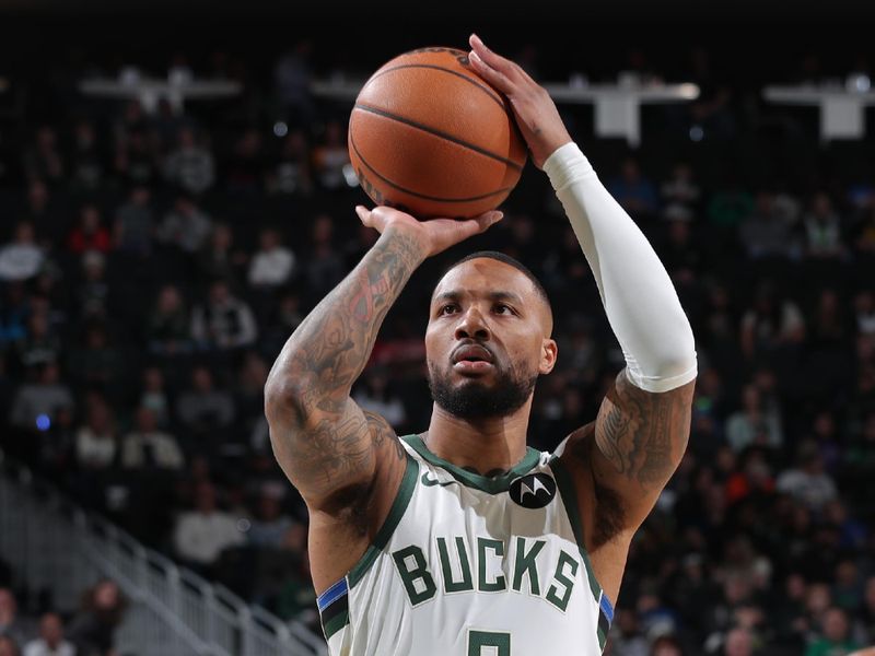 MILWAUKEE, WI - NOVEMBER 7: Damian Lillard #0 of the Milwaukee Bucks shoots a free throw during the game against the Utah Jazz on November 7, 2024 at Fiserv Forum Center in Milwaukee, Wisconsin. NOTE TO USER: User expressly acknowledges and agrees that, by downloading and or using this Photograph, user is consenting to the terms and conditions of the Getty Images License Agreement. Mandatory Copyright Notice: Copyright 2024 NBAE (Photo by Gary Dineen/NBAE via Getty Images).