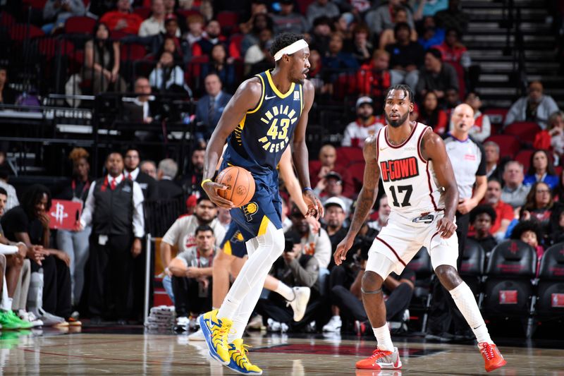 HOUSTON, TX - NOVEMBER 20:  Pascal Siakam #43 of the Indiana Pacers dribbles the ball during the game against the Houston Rockets on November 20, 2024 at the Toyota Center in Houston, Texas. NOTE TO USER: User expressly acknowledges and agrees that, by downloading and or using this photograph, User is consenting to the terms and conditions of the Getty Images License Agreement. Mandatory Copyright Notice: Copyright 2024 NBAE (Photo by Logan Riely/NBAE via Getty Images)