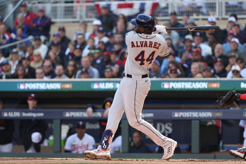 Oct 10, 2023; Minneapolis, Minnesota, USA; Houston Astros left fielder Yordan Alvarez (44) in the second half in the first inning against the Minnesota Twins during game three of the ALDS for the 2023 MLB playoffs at Target Field. Mandatory Credit: Jesse Johnson-USA TODAY Sports