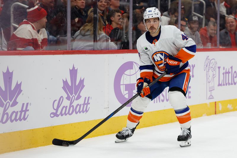 Nov 20, 2025; Detroit, Michigan, USA;  New York Islanders center Jean-Gabriel Pageau (44) skates with the puck in the second period against the Detroit Red Wings at Little Caesars Arena. Mandatory Credit: Rick Osentoski-Imagn Images