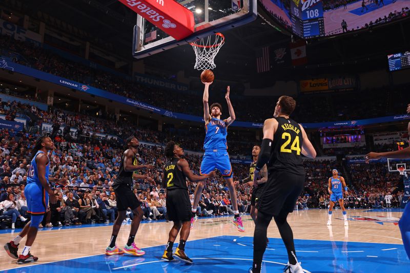 OKLAHOMA CITY, OK - MARCH 20: Chet Holmgren #7 of the Oklahoma City Thunder shoots the ball during the game against the Utah Jazz on March 20, 2024 at Paycom Arena in Oklahoma City, Oklahoma. NOTE TO USER: User expressly acknowledges and agrees that, by downloading and or using this photograph, User is consenting to the terms and conditions of the Getty Images License Agreement. Mandatory Copyright Notice: Copyright 2024 NBAE (Photo by Zach Beeker/NBAE via Getty Images)