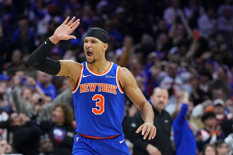 PHILADELPHIA, PENNSYLVANIA - JANUARY 15: Josh Hart #3 of the New York Knicks reacts against the Philadelphia 76ers in overtime at the Wells Fargo Center on January 15, 2025 in Philadelphia, Pennsylvania. The Knicks defeated the 76ers 125-119 in overtime. NOTE TO USER: User expressly acknowledges and agrees that, by downloading and/or using this photograph, user is consenting to the terms and conditions of the Getty Images License Agreement. (Photo by Mitchell Leff/Getty Images)