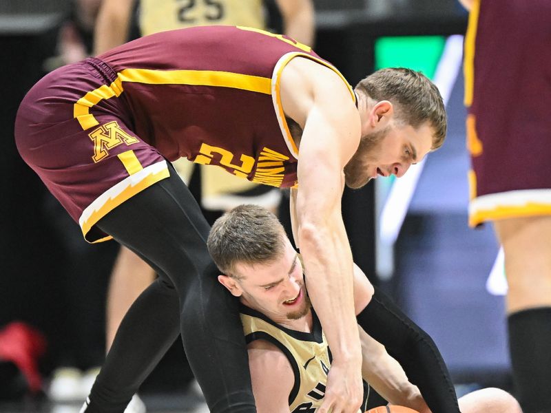 Feb 15, 2024; West Lafayette, Indiana, USA; Minnesota Golden Gophers forward Parker Fox (23) fouls Purdue Boilermakers guard Braden Smith (3) during the second half at Mackey Arena. Mandatory Credit: Robert Goddin-USA TODAY Sports