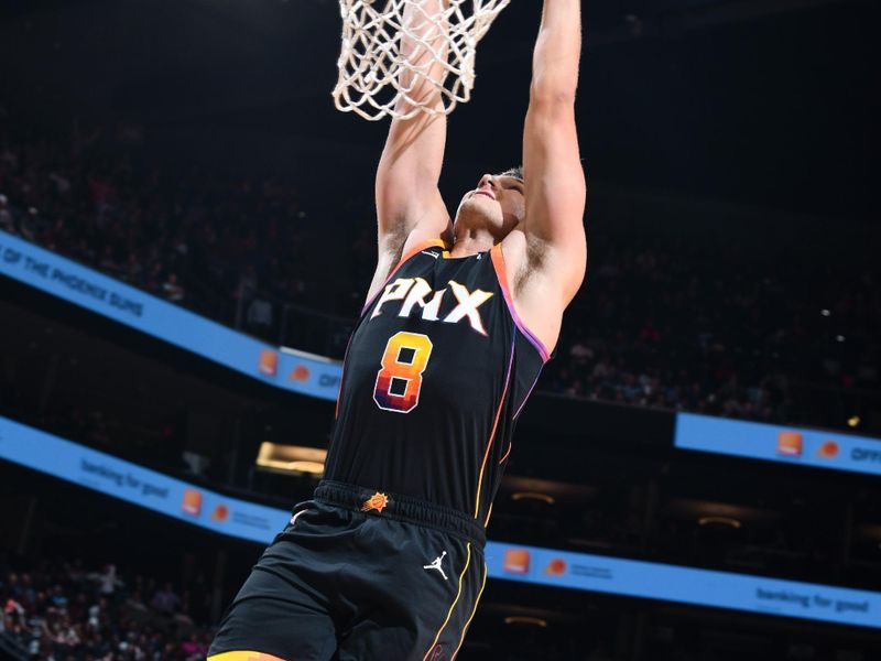 PHOENIX, AZ - DECEMBER 3: Grayson Allen #8 of the Phoenix Suns dunks the ball during the game against the San Antonio Spurs during a Emirates NBA Cup game on December 3, 2024 at Footprint Center in Phoenix, Arizona. NOTE TO USER: User expressly acknowledges and agrees that, by downloading and or using this photograph, user is consenting to the terms and conditions of the Getty Images License Agreement. Mandatory Copyright Notice: Copyright 2024 NBAE (Photo by Barry Gossage/NBAE via Getty Images)