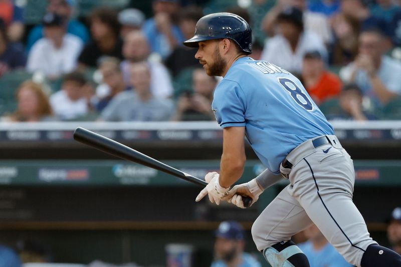 Aug 4, 2023; Detroit, Michigan, USA;  Tampa Bay Rays second baseman Brandon Lowe (8) hits a single in the first inning against the Detroit Tigers at Comerica Park. Mandatory Credit: Rick Osentoski-USA TODAY Sports