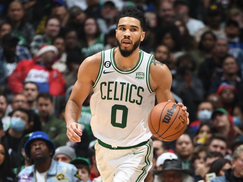 LOS ANGELES, CA - DECEMBER 12: Jayson Tatum #0 of the Boston Celtics dribbles the ball during the game against the LA Clippers on December 12, 2022 at Crypto.Com Arena in Los Angeles, California. NOTE TO USER: User expressly acknowledges and agrees that, by downloading and/or using this Photograph, user is consenting to the terms and conditions of the Getty Images License Agreement. Mandatory Copyright Notice: Copyright 2022 NBAE (Photo by Andrew D. Bernstein/NBAE via Getty Images)